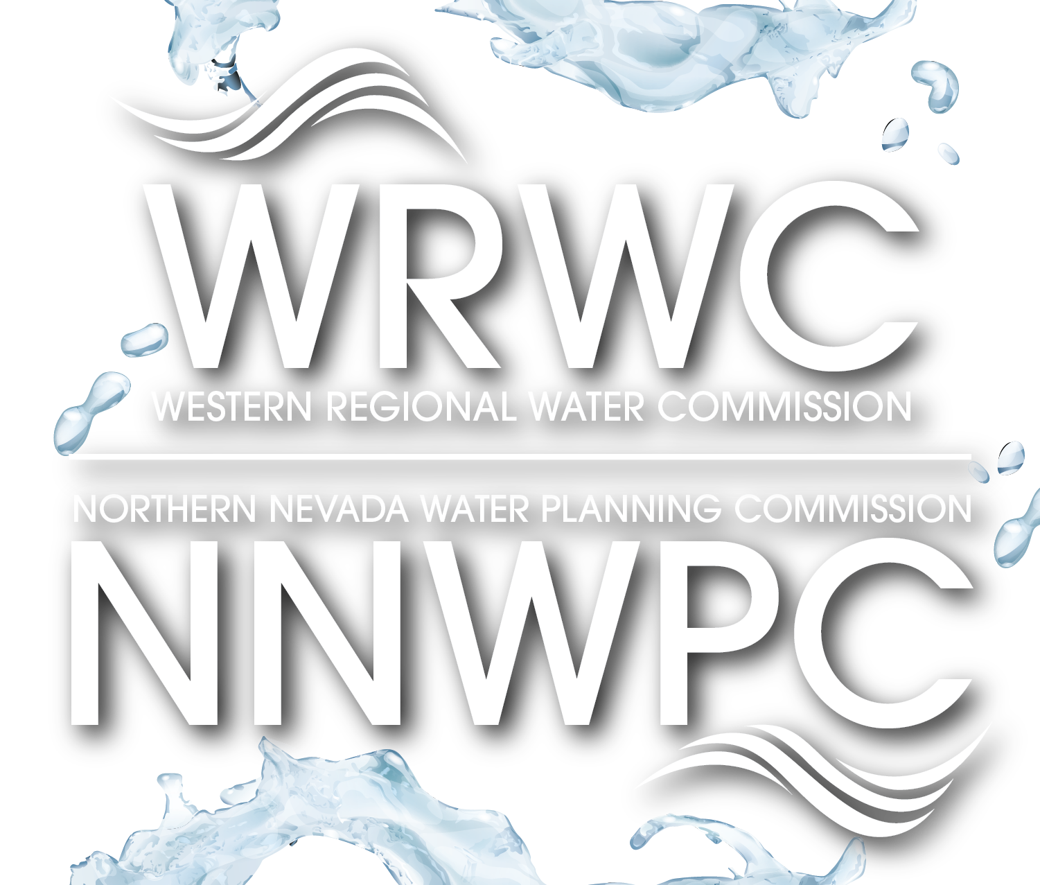 Logo for both the Western Regional Water Commission and the Northern Nevada Water Planning Commission. White text with shadow behind it, and water droplets throughout.
